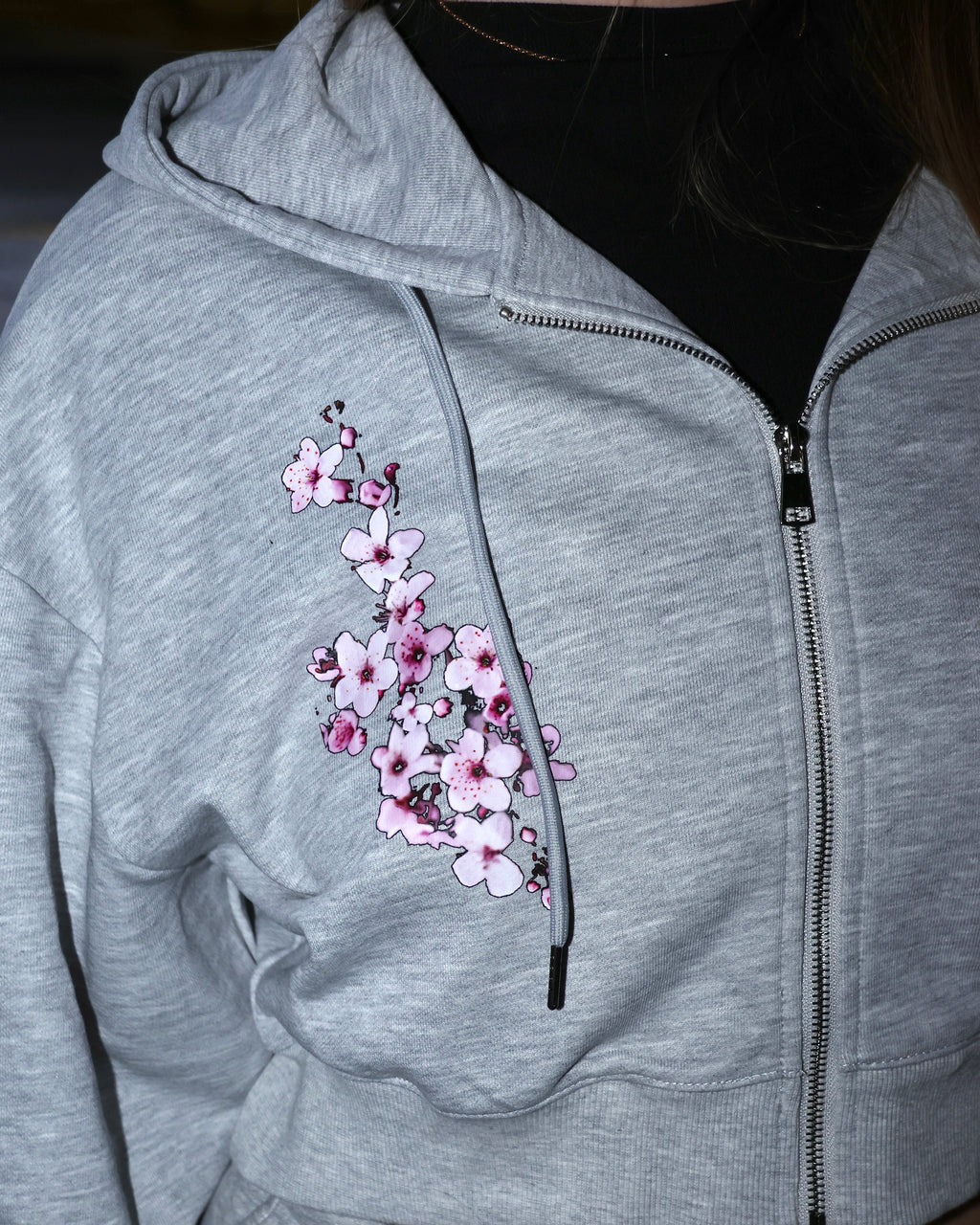 Sakura Oversized Cropped Zip-Up Hoodie