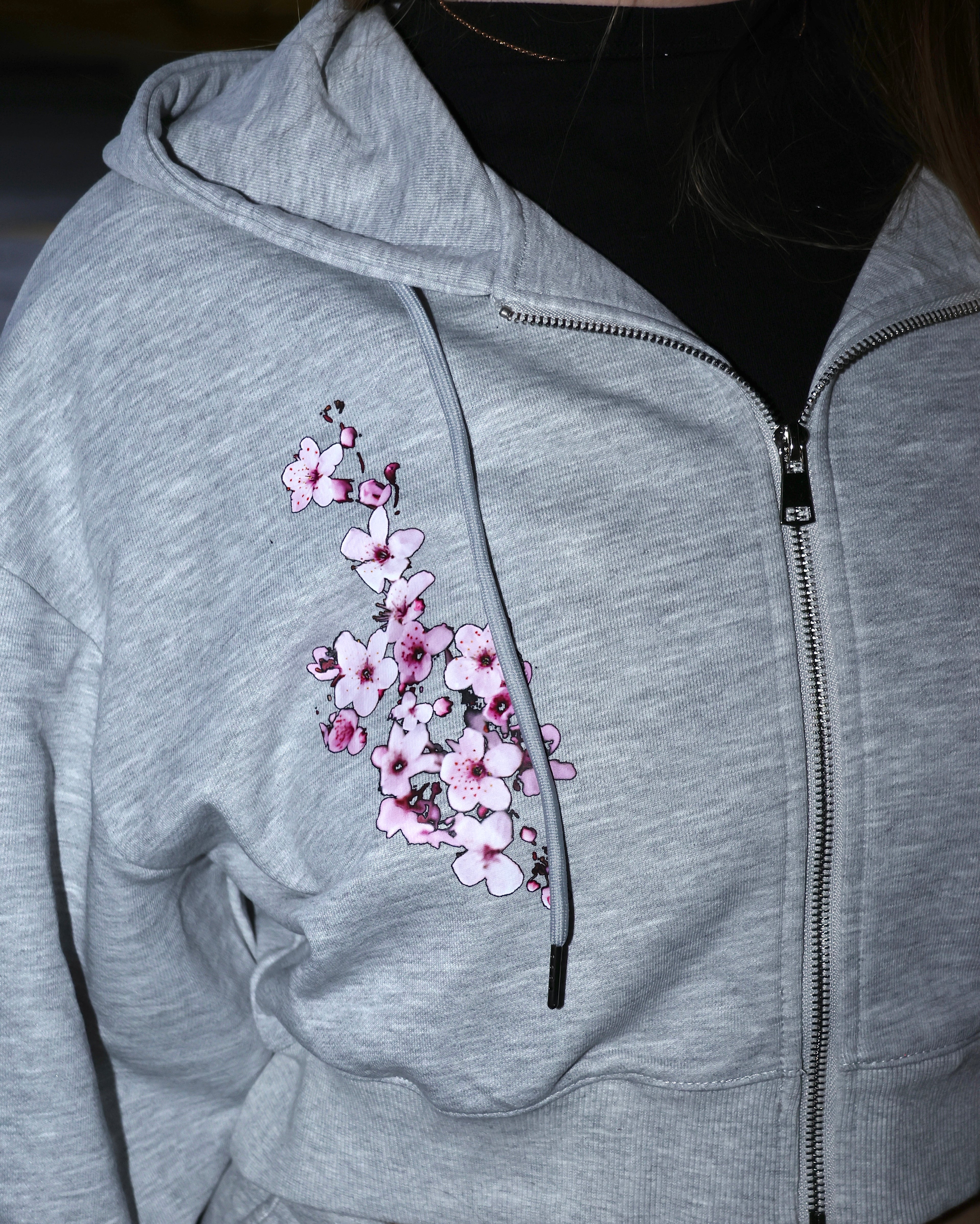 Sakura Oversized Cropped Zip-Up Hoodie