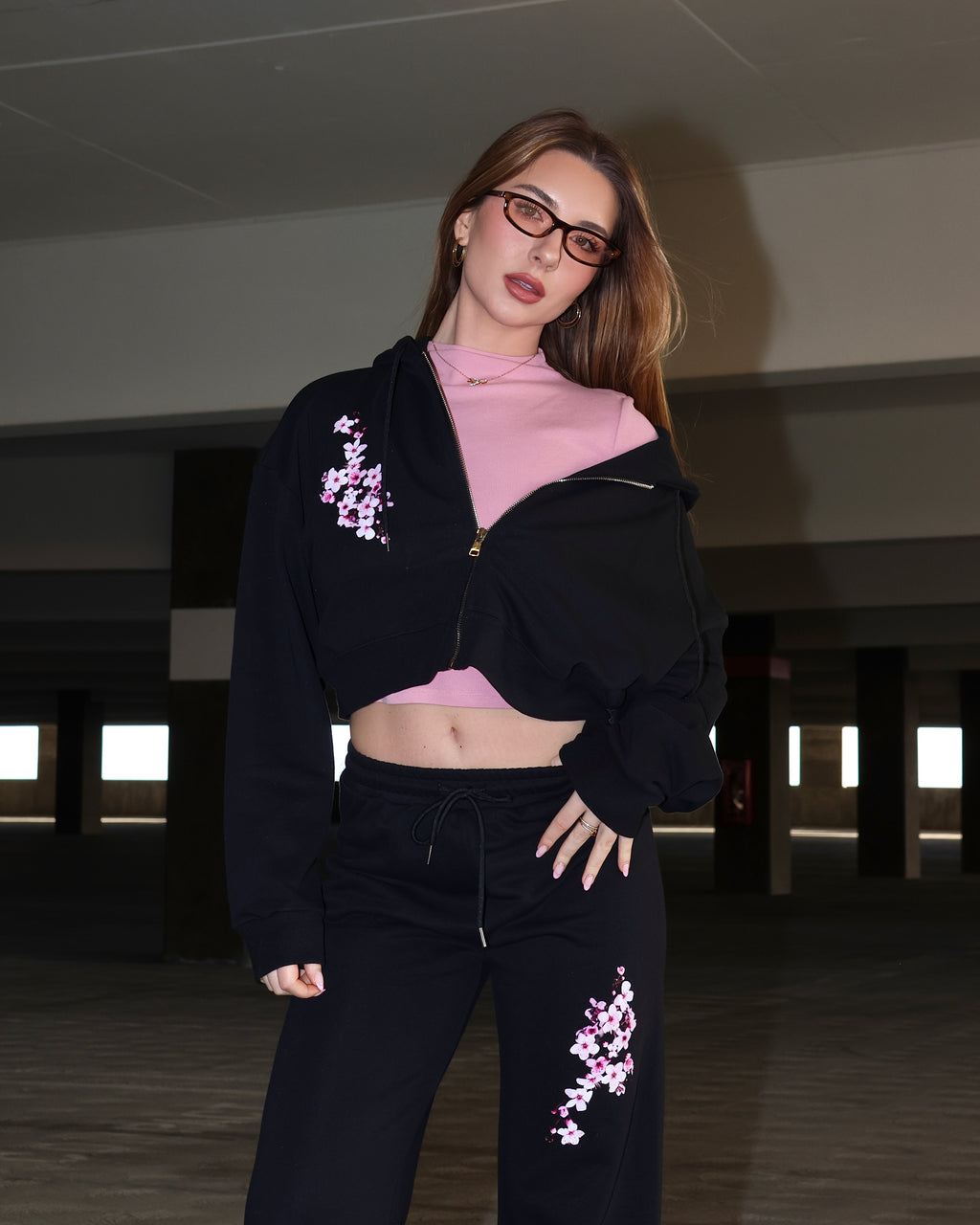 Sakura Oversized Cropped Zip-Up Hoodie
