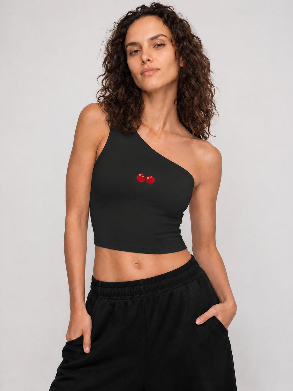 top,tops,sporty,cherry,black,white,gray,oneshoulder