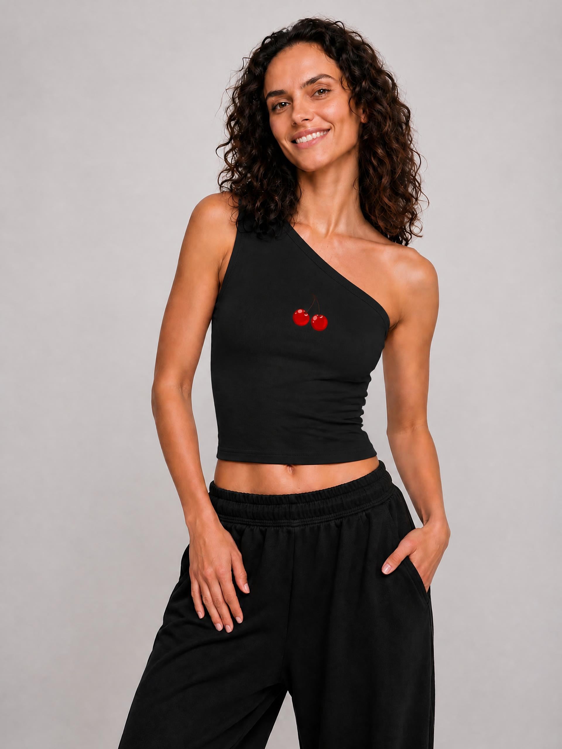 top,tops,sporty,cherry,black,white,gray,oneshoulder