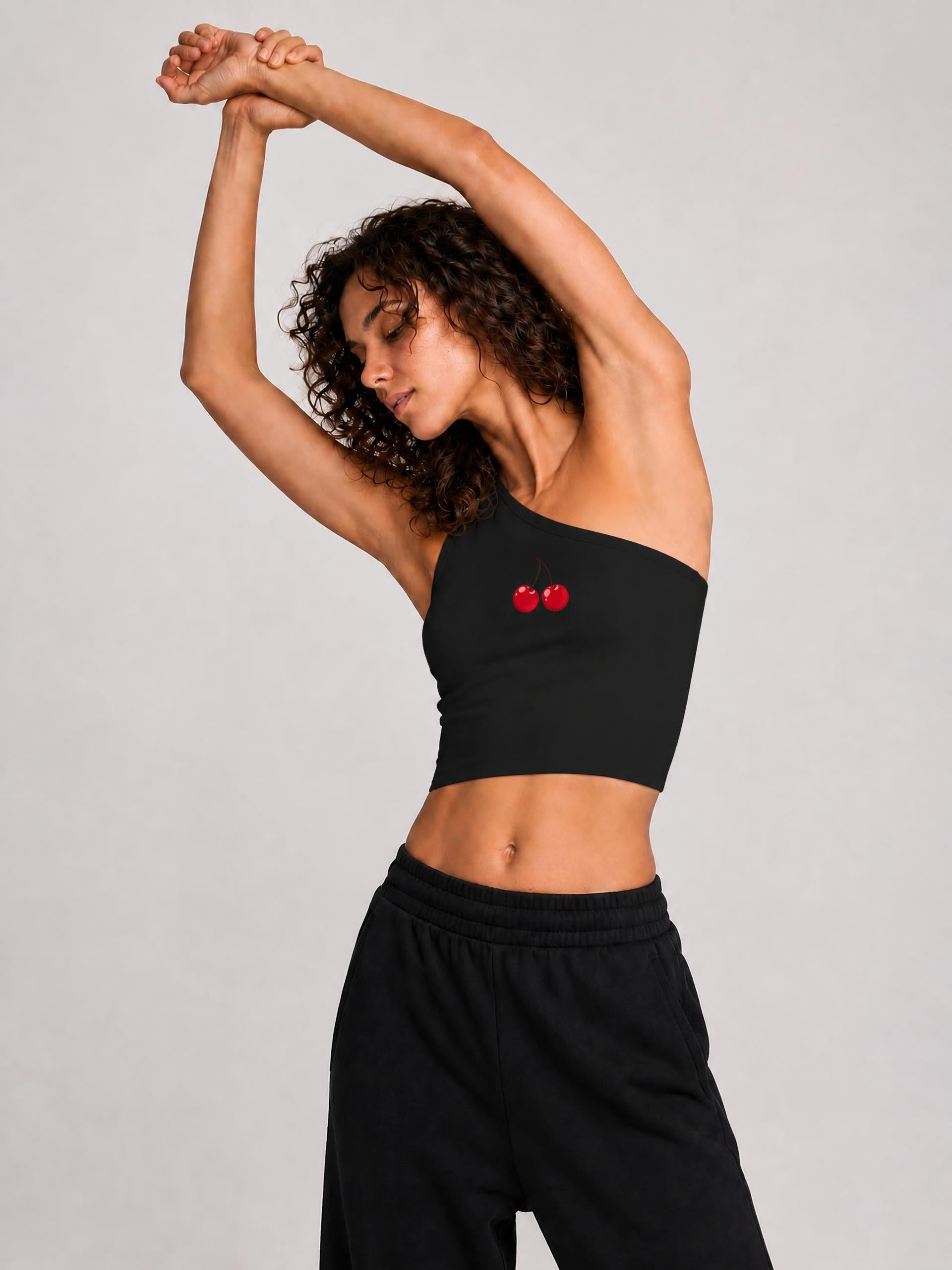 top,tops,sporty,cherry,black,white,gray,oneshoulder